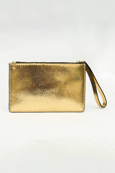 Saurav Ghosh_Gold Metallic Thread Leather Textured Clutch_Online_at_Aza_Fashions
