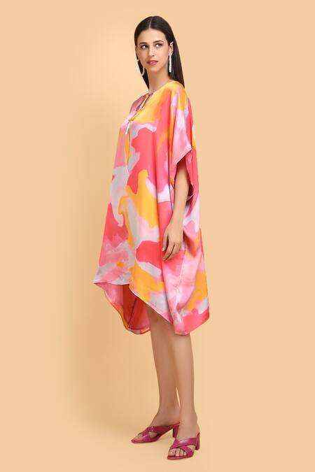 Label Ivish_Pink Silk, Satin Keyhole Neck Abstract Print Asymmetric Kaftan _Online_at_Aza_Fashions