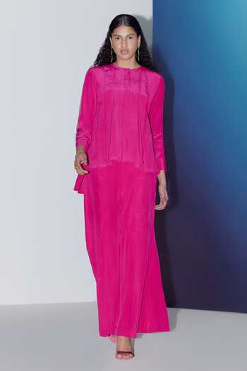 Febo6_Pink Silk Round Neck Box Pleated Top _Online_at_Aza_Fashions