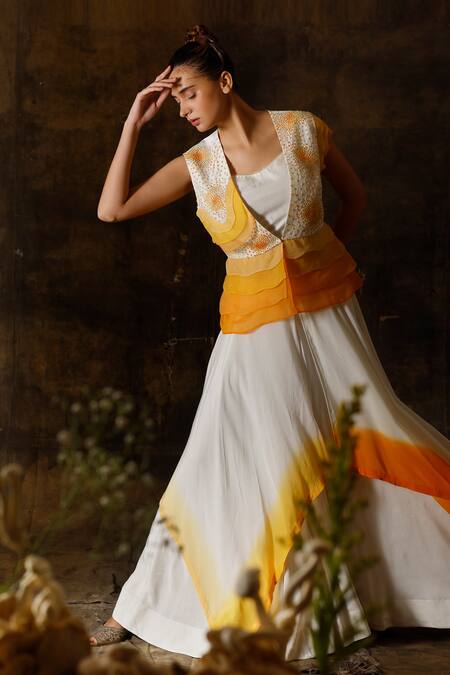 Eclat By Prerika Jalan_Ivory Organza, Muslin, Silk Embroidery, Pearls Hand Jacket Gharara Pant Set _Online_at_Aza_Fashions