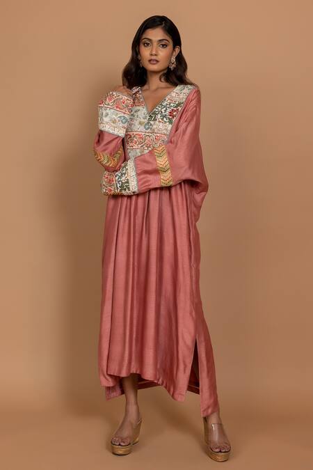 Varun Bahl_Pink Chanderi Silk Embroidered Patchwork Nakshi V Neck Kaftan_Online_at_Aza_Fashions