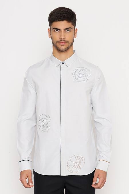 Lacquer Embassy_Gray Cotton Embroidery, Piping Grey Floral Shirt _Online_at_Aza_Fashions