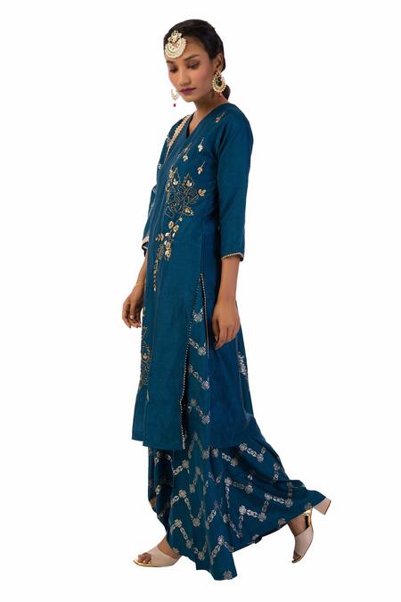 Meghna Shah Blue Denim Beads, Stones V-neck V Kurta Palazzo Set Online at Aza Fashions Meghna Shah_Blue Denim Beads, Stones V-neck V Kurta Palazzo Set _Online_at_Aza_Fashions