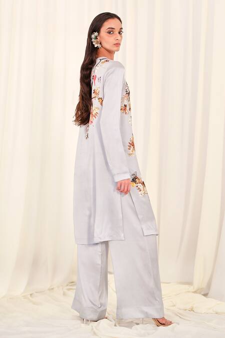 AK-OK Blue Silk Embroidery Round Neck Flower Print Kurta With Trouser Online at Aza Fashions AK-OK_Blue Silk Embroidery Round Neck Flower Print Kurta With Trouser _Online_at_Aza_Fashions