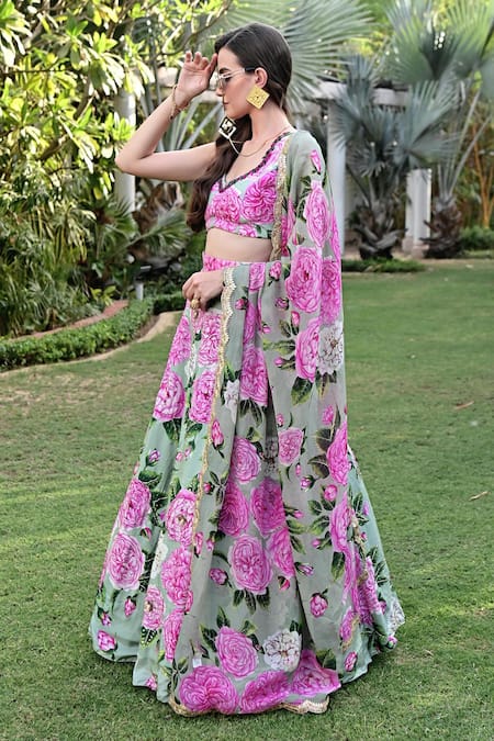 Sanam_Green Silk Sequins, Stones, Embroidery Giselle Bloom Flower Print Lehenga Set _Online_at_Aza_Fashions