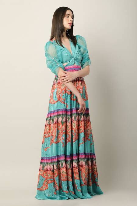 Limerick By Abirr N' Nanki Multi Color Crepe V-neck Sheeba Twist Front Maxi Dress Online at Aza Fashions Limerick By Abirr N' Nanki_Multi Color Crepe V-neck Sheeba Twist Front Maxi Dress _Online_at_Aza_Fashions