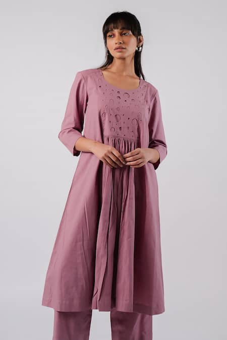 Tussah By Siddhi Shah Purple Cotton Cutwork Round Yoke Kurta With Pant Online at Aza Fashions Tussah By Siddhi Shah_Purple Cotton Cutwork Round Yoke Kurta With Pant _Online_at_Aza_Fashions