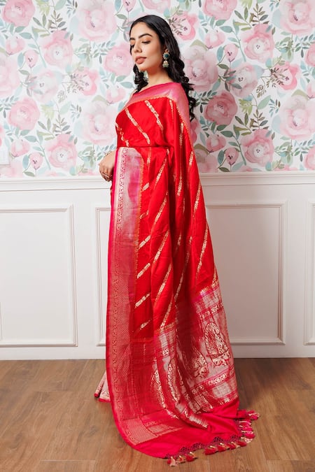 Paaprika_Pink , Chanderi Zari, Embroidery Handwoven Mashru Saree _Online_at_Aza_Fashions