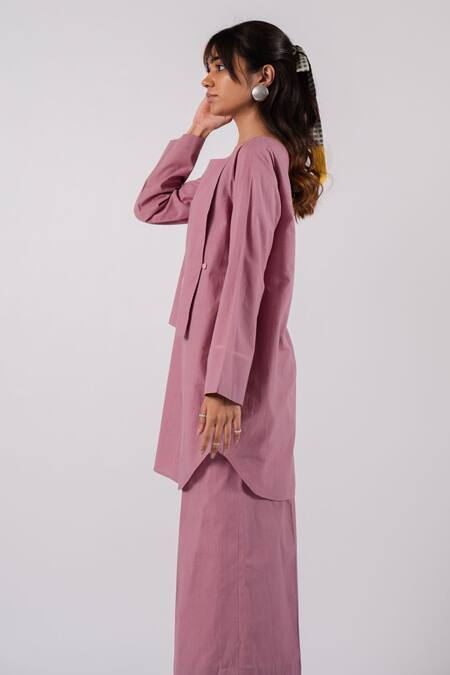 Tussah By Siddhi Shah Purple Cotton Threadwork Round Buttoned Flap Tunic With Culottes Online at Aza Fashions Tussah By Siddhi Shah_Purple Cotton Threadwork Round Buttoned Flap Tunic With Culottes _Online_at_Aza_Fashions