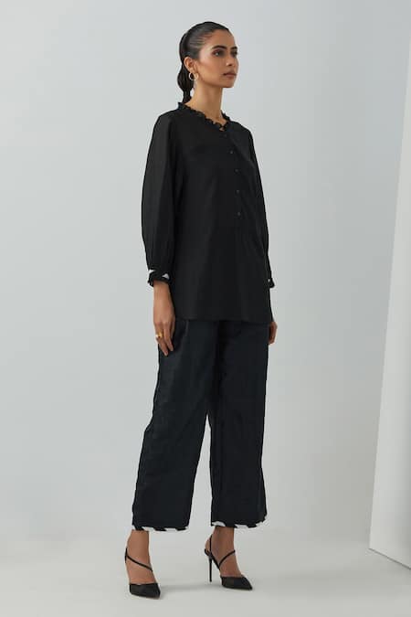 The Indian Cause_Black Chanderi Round Neck Ruffle Tunic And Palazzo Set _Online_at_Aza_Fashions