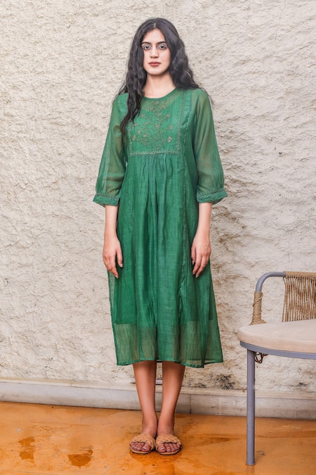 Tatwa_Green Chanderi, Viscose Embroidery Round Neck Handloom Dress _Online_at_Aza_Fashions