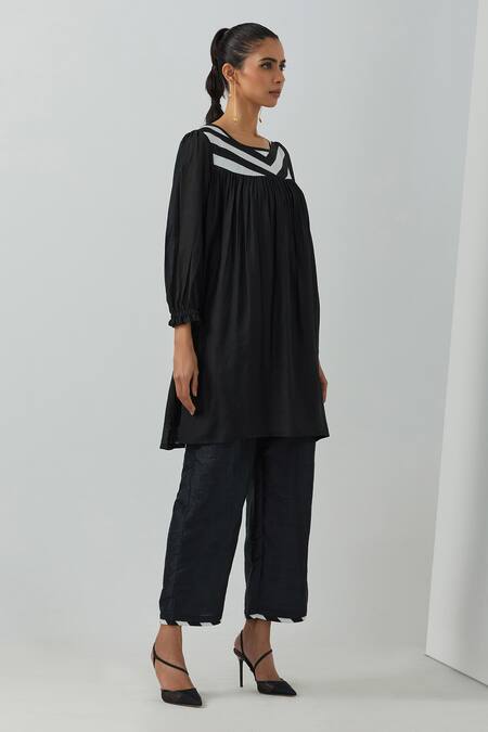 The Indian Cause_Black Chanderi Round Neck Gathered Tunic_Online_at_Aza_Fashions