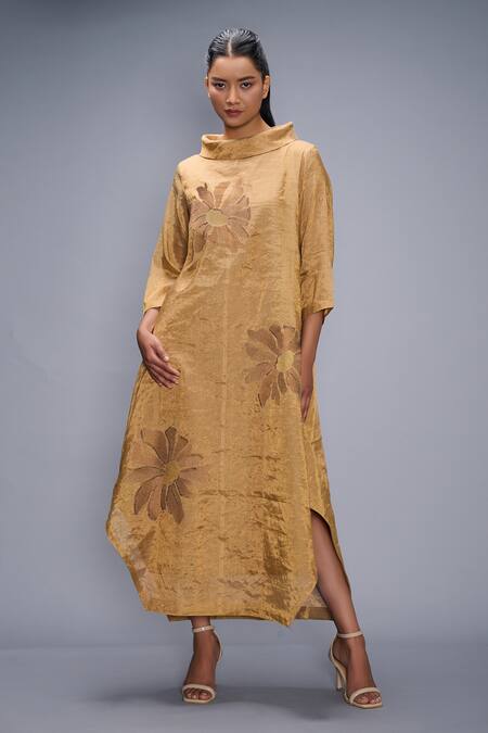 Taika By Poonam Bhagat Gold , Silk Embroidery Collared Dress Online at Aza Fashions Taika By Poonam Bhagat_Gold , Silk Embroidery Collared Dress _Online_at_Aza_Fashions