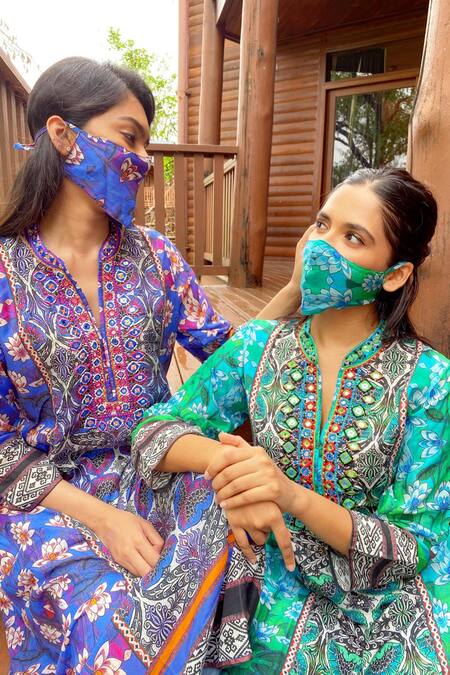 Gopi Vaid_Blue Cotton Silk Printed Floral Band Collar Lotus Tunic _Online_at_Aza_Fashions