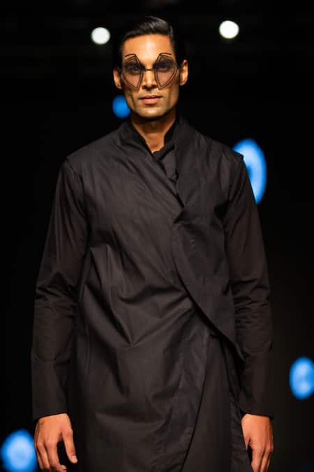 Antar Agni_Black Cotton, Silk Long Tail Kurta _Online_at_Aza_Fashions