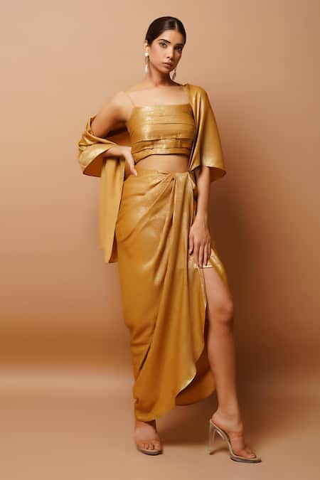 Ahi Clothing Gold Lycra Square Neck Front Pleated Bustier And Skirt Set Online at Aza Fashions Ahi Clothing_Gold Lycra Square Neck Front Pleated Bustier And Skirt Set _Online_at_Aza_Fashions