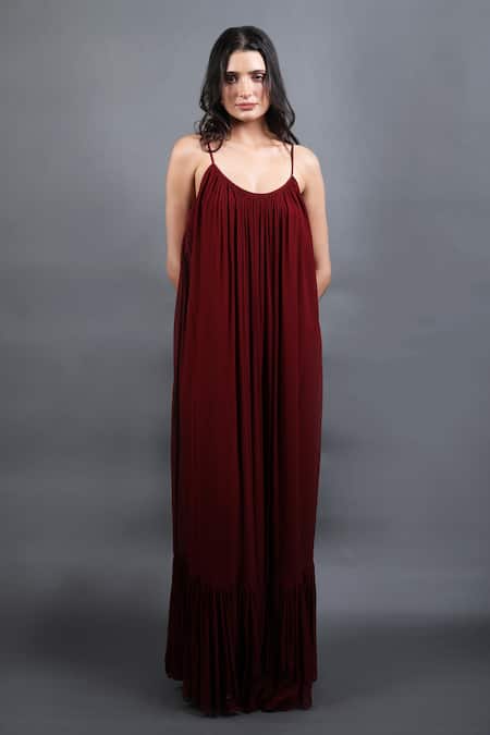 Swatee Singh_Maroon Georgette Round Neck Pleated Hem Gown _Online_at_Aza_Fashions