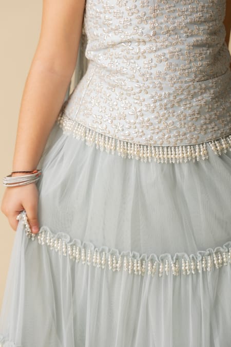 Mini Trails_Blue Jacquard, Cotton, Polyester Pearls Floral Work Blouse Lehenga Set_Online_at_Aza_Fashions