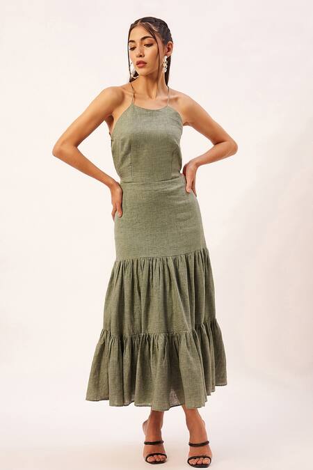 Zariya The Label_Green Cotton Halter Neck Woven Textured Tiered Dress _Online_at_Aza_Fashions