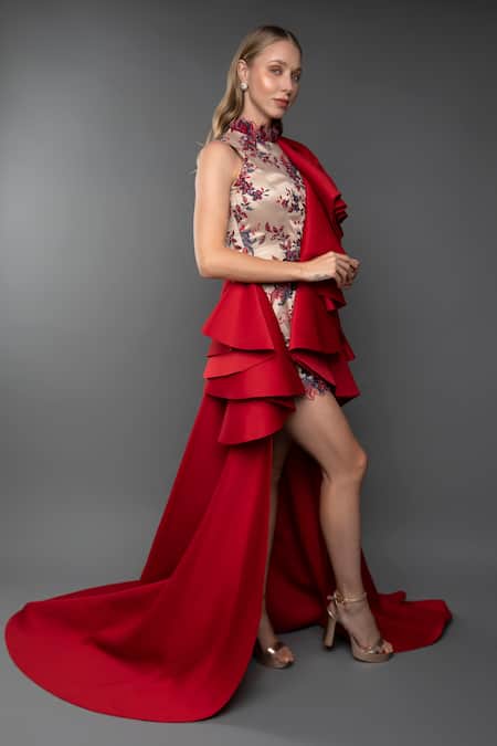 Anjum Qureshi_Red Net Hand Embroidered Floral High Neck Structured Gown _Online_at_Aza_Fashions