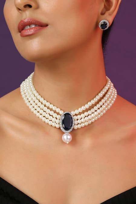 Swabhimann_Blue Zari, Pearls Embellished Necklace Set _Online_at_Aza_Fashions