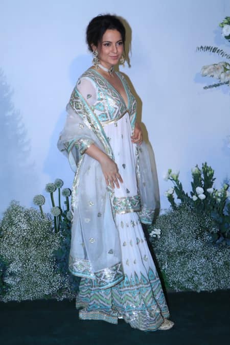 Gopi Vaid_White Georgette And Chiffon Ikat & Sequin V Neck Zohra Peplum Kurta Sharara Set_Online_at_Aza_Fashions