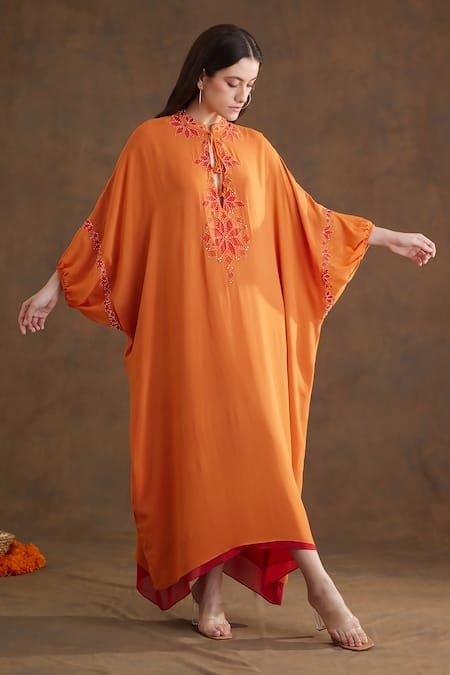 Nikasha Orange Georgette Embroidery Keyhole Neck Applique Kaftan Dress Online at Aza Fashions Nikasha_Orange Georgette Embroidery Keyhole Neck Applique Kaftan Dress _Online_at_Aza_Fashions