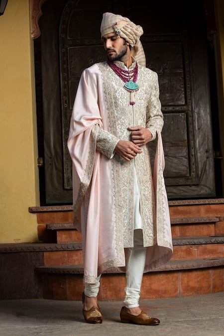 Nitika Gujral_Ivory Taffeta, Mohair, Muslin Embroidery, Beads, Diamonds Resham Achkan Set _Online_at_Aza_Fashions