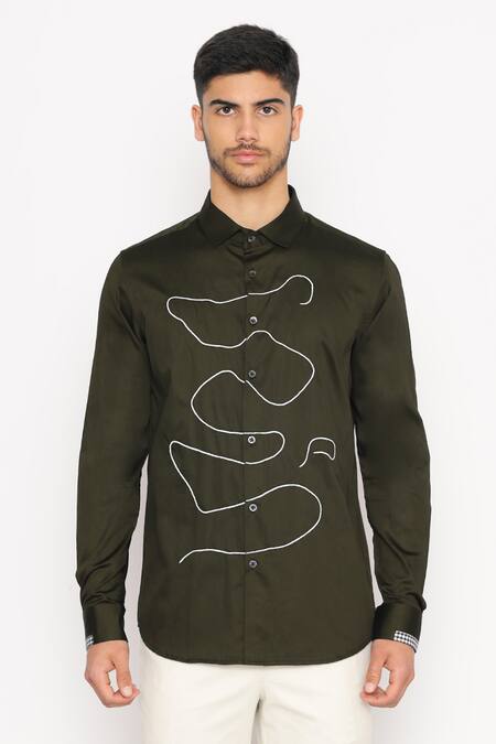 Lacquer Embassy_Green Cotton Embroidery Blake Abstract Shirt _Online_at_Aza_Fashions