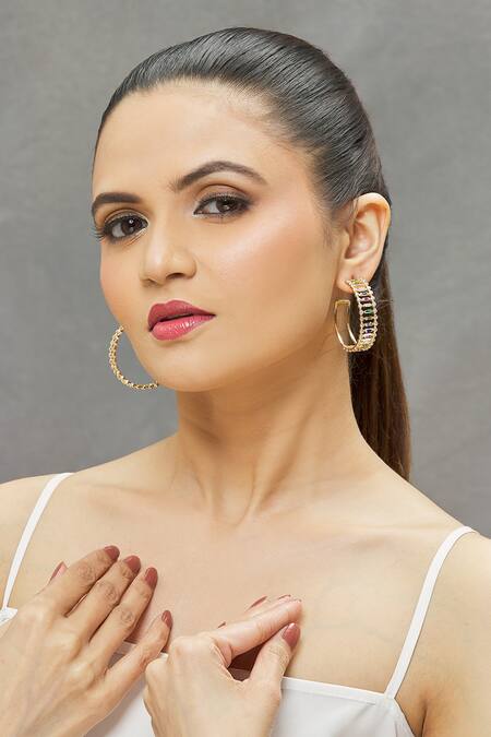 Minaki_Multi Color Crystals Cubic Zirconia Embellished Hoop Earrings _Online_at_Aza_Fashions