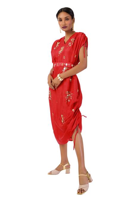 Meghna Shah Red Silk Beads, Stones V-neck Hand Embroidered Draped Cowl Dress Online at Aza Fashions Meghna Shah_Red Silk Beads, Stones V-neck Hand Embroidered Draped Cowl Dress _Online_at_Aza_Fashions