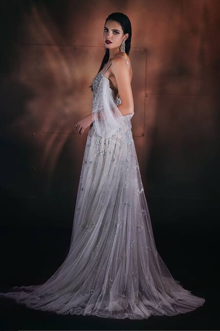 Bhawna Rao_Green Silk, Tulle Sequins, Beads, Smocking Sweetheart Neck Hand Embroidered Gown _Online_at_Aza_Fashions