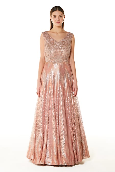 Rabani & Rakha_Pink Net Beads, Embroidery V-neck Adah Gown _Online_at_Aza_Fashions