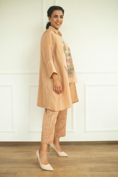 Oja_Brown Pant  , Tunic  Linen Hand Embroidered And Set _Online_at_Aza_Fashions