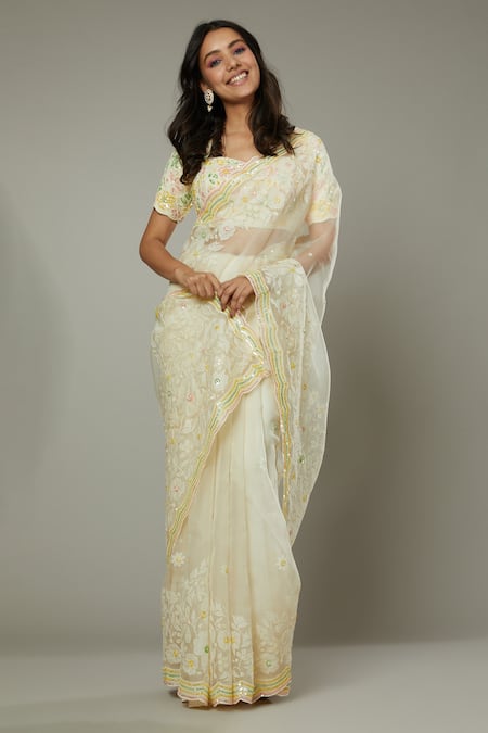 Buy I Am Design Ivory Silk Organza Floral Pattern, Sequins French Vanilla Embroidered Saree Online at Aza Fashions Buy_I Am Design_Ivory Silk Organza Floral Pattern, Sequins French Vanilla Embroidered Saree _Online_at_Aza_Fashions