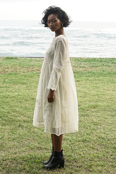 Baju_Ivory Chanderi Cotton Silk Lace Work Round Della Tunic For Women_Online_at_Aza_Fashions