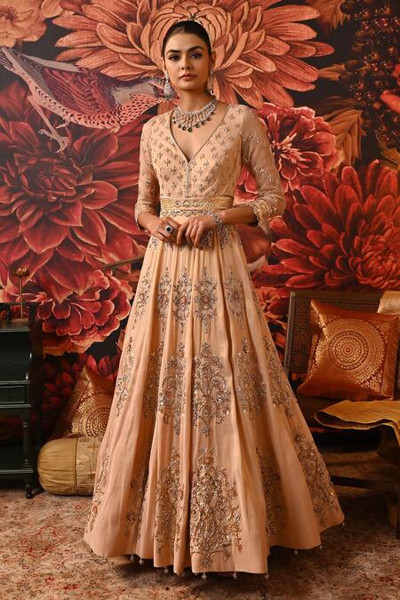 Moledro Pink Brocade, Silk Organza, Net Beads, Sequins, Cut Insha Anarkali With Dupatta Online at Aza Fashions Moledro_Pink Brocade, Silk Organza, Net Beads, Sequins, Cut Insha Anarkali With Dupatta _Online_at_Aza_Fashions