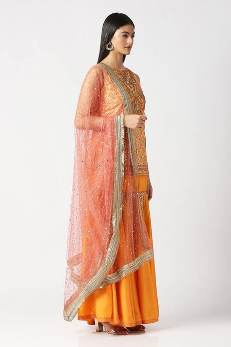 Labbada_Yellow Kurta Pure Silk Hand Embroidered Marodi Boat Short Sharara Set_Online_at_Aza_Fashions