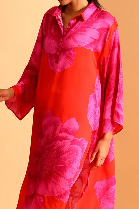 Moh India_Red Embroidery Collared Rose Print Tunic_Online_at_Aza_Fashions
