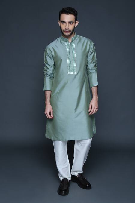 Sanjev Marwaaha_Green Cotton, Silk Embroidery Resham Placket Kurta Set_Online_at_Aza_Fashions