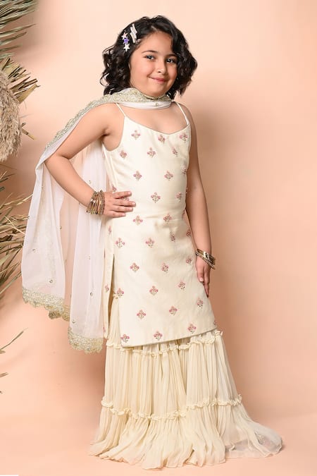 Priyanka Jain_Ivory Chanderi, Georgette, Net Embroidery, Dabka Strappy Kurta Sharara Set _Online_at_Aza_Fashions