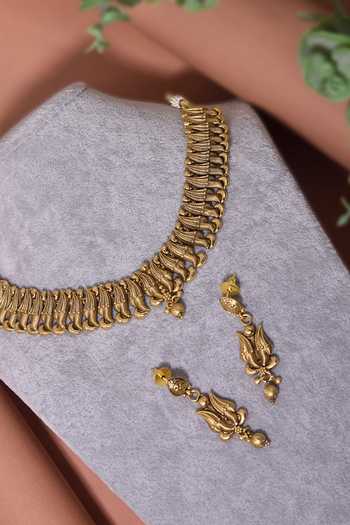 Swabhimann_Gold Plated Geometric Pattern Temple Necklace Set_Online_at_Aza_Fashions