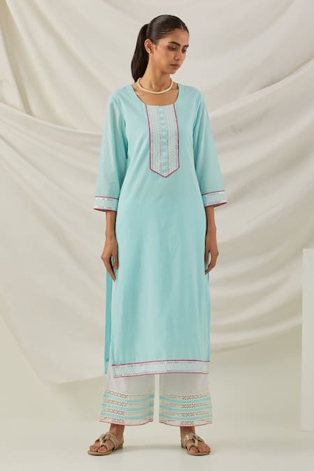 The Indian Cause_Blue Cotton Piping, Embroidery, Sequins Round Placed Butti Kurta Palazzo Set _Online_at_Aza_Fashions