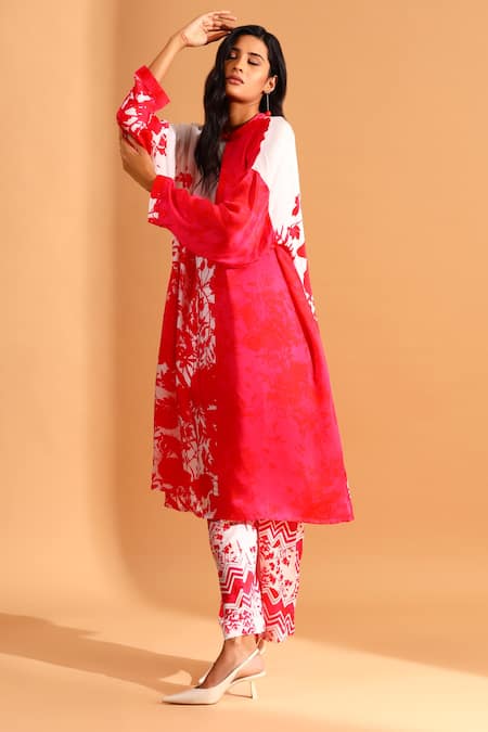 Moh India_Magenta Cupro Printed Floral Round High Neck Colorblock Tunic And Trouser Set _Online_at_Aza_Fashions