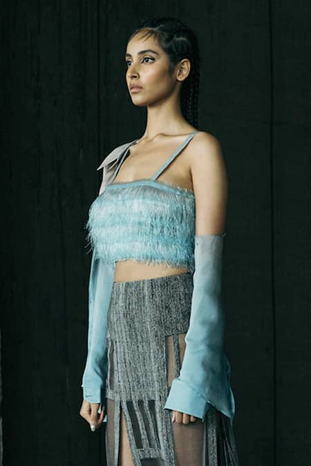 Akhl_Blue Linen, Viscose Fringe Square Neck Embroidered Bustier _Online_at_Aza_Fashions