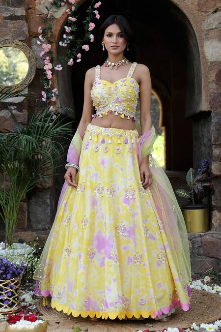 Nitisha Kashyap Official Yellow Silk, Net Sequins, Cut Work, Mirrors, Scallop Hem Embroidered Lehenga Set Online at Aza Fashions Nitisha Kashyap Official_Yellow Silk, Net Sequins, Cut Work, Mirrors, Scallop Hem Embroidered Lehenga Set _Online_at_Aza_Fashions