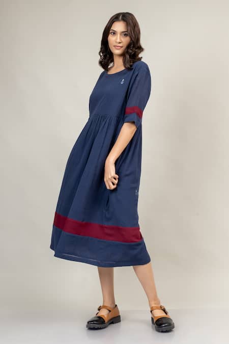 Doodlage Blue Cotton Round Neck Jess Gathered Dress Online at Aza Fashions Doodlage_Blue Cotton Round Neck Jess Gathered Dress _Online_at_Aza_Fashions