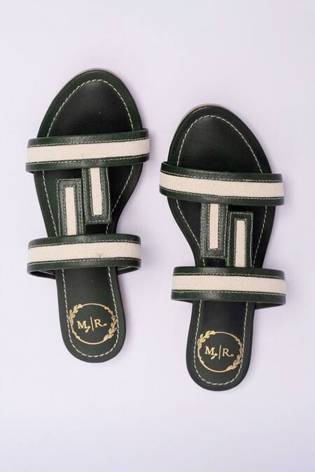 Myra_Green Embroidery Round Toe T Strap Flats_Online_at_Aza_Fashions