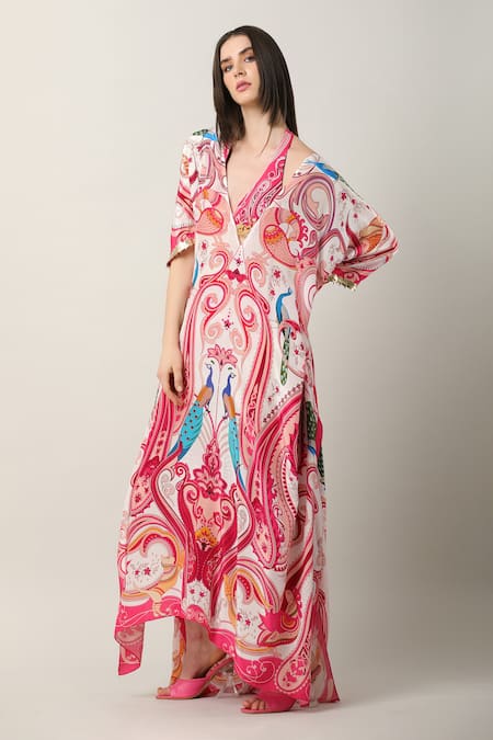 Limerick By Abirr N' Nanki Multi Color Crepe Plunge Neck Danya Paisley And Peacock Print Kaftan Online at Aza Fashions Limerick By Abirr N' Nanki_Multi Color Crepe Plunge Neck Danya Paisley And Peacock Print Kaftan _Online_at_Aza_Fashions