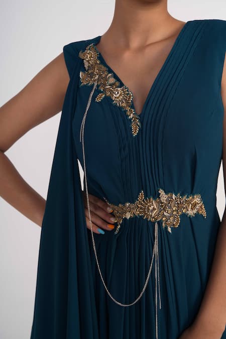 Merge Design_Blue Georgette, Crepe Zari, Sequins, Stones V-neck V Draped Gown _Online_at_Aza_Fashions